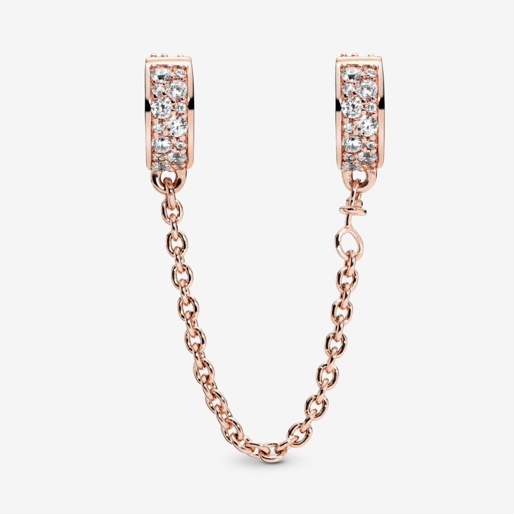Pandora 2” 14k Rose Gold Clear Pavé Safety Chain Clip Charm